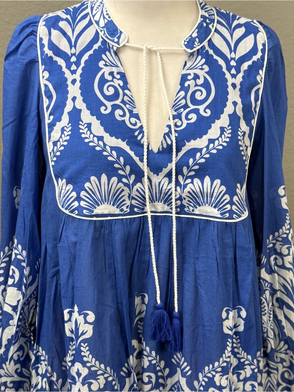 Boden NWT Blue White Boho Tie Neck Kaftan Dress Sz 2 Vacation Wedding Guest - Picture 8 of 15